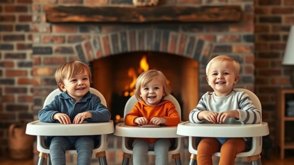 Children enjoying a meal together in high chairs, childhood dining.