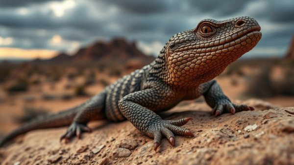 Gila monster in desert setting with tongue flicking.