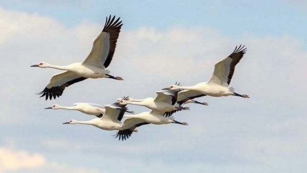 Whooping crane conservation: whooping cranes soaring against the sky.
