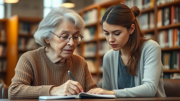 Feldheym Library Free Legal Advice Program session with an elderly woman writing and a young woman assisting.