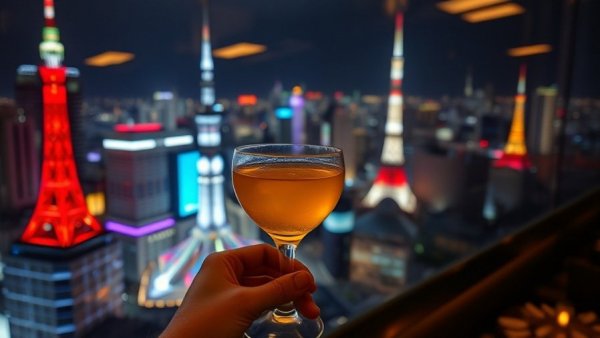 Elegant cocktail with Tokyo skyline, New York restaurants in Tokyo.