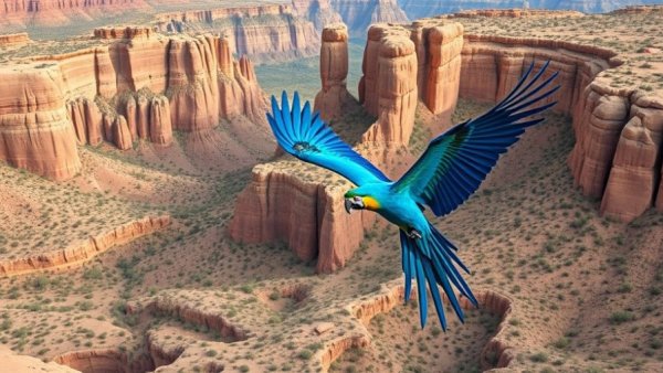 Blue macaws in flight over canyon related to wildlife trafficking investigations.
