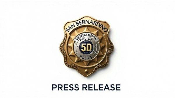 San Bernardino Police badge with 'PRESS RELEASE' text.