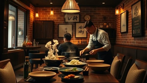 Odo East Village Kaiseki dining scene with attentive chef and lively crowd.