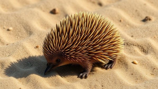 Indestructible spiny echidna walking on a sandy beach.