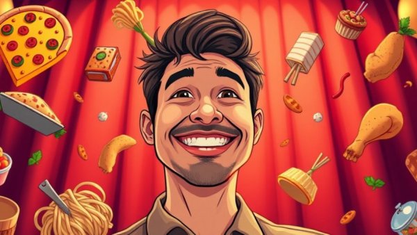 Colorful cartoon of a man surrounded by various foods, vibrant and playful.