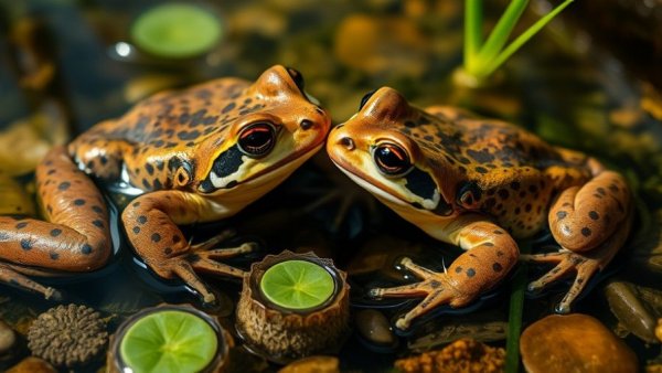Two toads appearing lifeless in water, highlighting environmental impact.