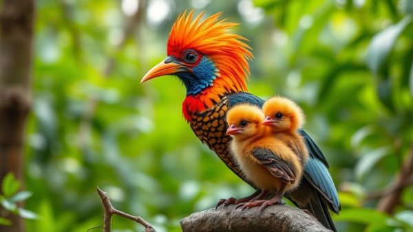 Vibrant hoatzin bird and chicks in lush greenery, known for strong odor.