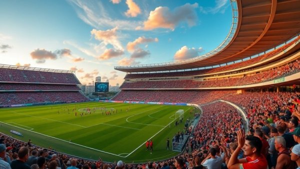 FIFA World Cup 2026 in Miami stadium during sunset, vibrant scene.