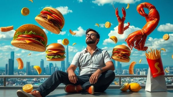 Kareem Rahma's daily life depicted in a surreal food-filled scene.