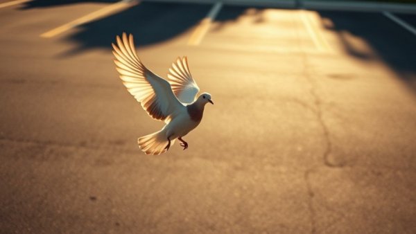 Dove in flight over parking lot, climate impact on migratory birds.
