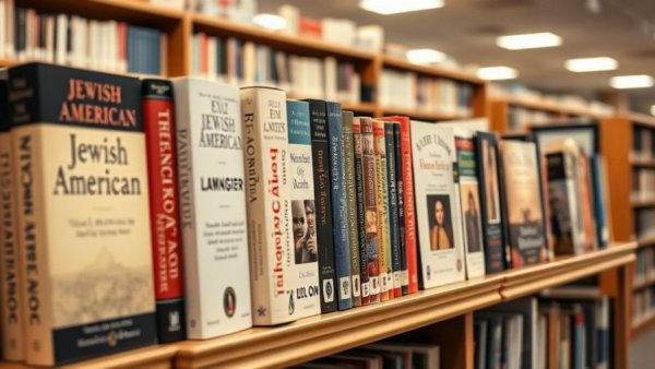 Books on Jewish American history for Jewish American Heritage Month display in library.