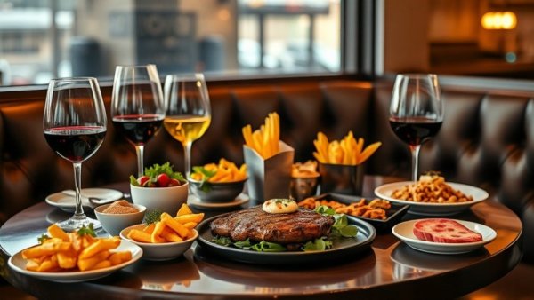 Gourmet steak dinner with wine in cozy restaurant setting.