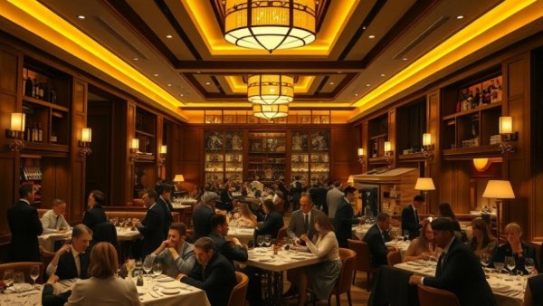 Luxurious restaurant dining scene with elegant guests.