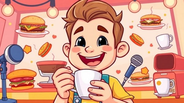 Cheerful cartoon person with coffee and in-flight meals theme.