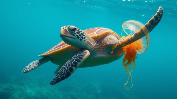 Sea turtle gracefully swims underwater near a jellyfish.