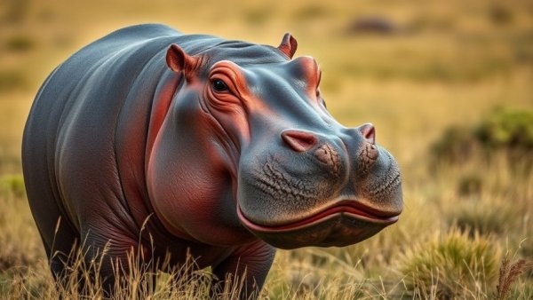 Hippo in Botswana savannah displaying serenity against grassy backdrop.