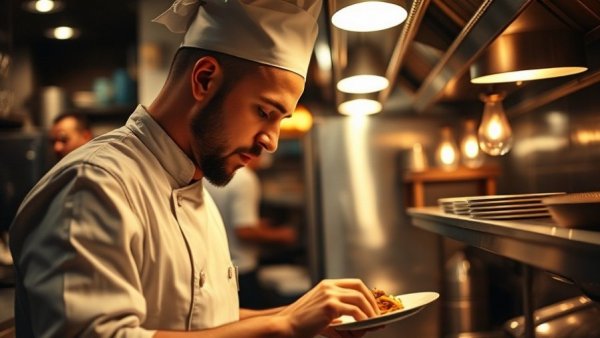 Chef preparing a dish in a vibrant restaurant kitchen.