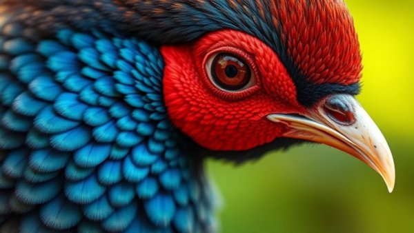 Close-up of a Vietnam pheasant with vibrant red face and detailed feathers.