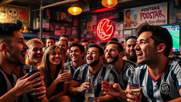 Lively soccer fans watching a match in a vibrant New York bar.