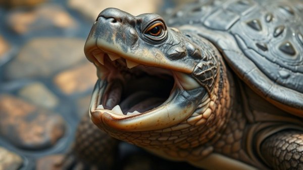 Snapping turtle with open mouth underwater, detailed natural scene.