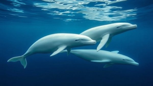 Serene beluga whales in deep blue marine, underwater swimming.