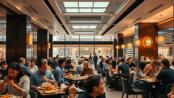 Bustling dining scene at Zoli Restaurant New York, modern interior.