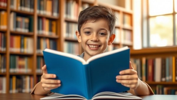 Happy boy reading book in library for San Bernardino County Summer Reading Program.