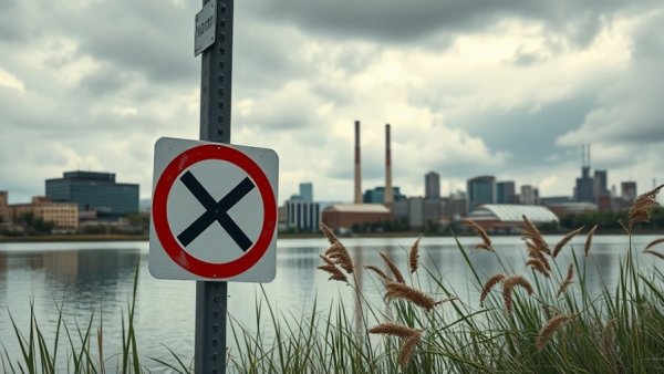 Scenic view of noma sign near waterside with modern industrial background.