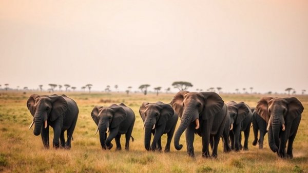 Herd of African elephants in the savanna with distant trees under a muted sky.