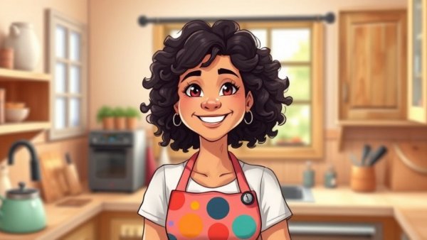 Smiling woman with curly hair in kitchen, romance novels and cookbooks connection.