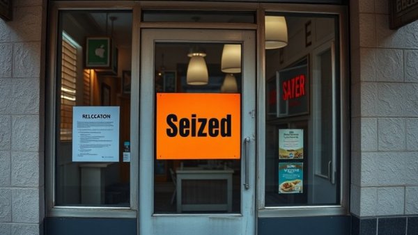 Kiki’s Closed due to unpaid taxes with signs on door.