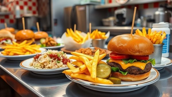 Lunch spread at Donohue's with burgers and fries.