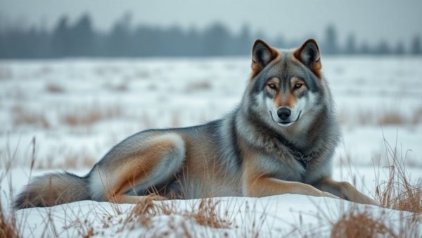 Majestic grey wolf lying in a snowy Wyoming landscape.