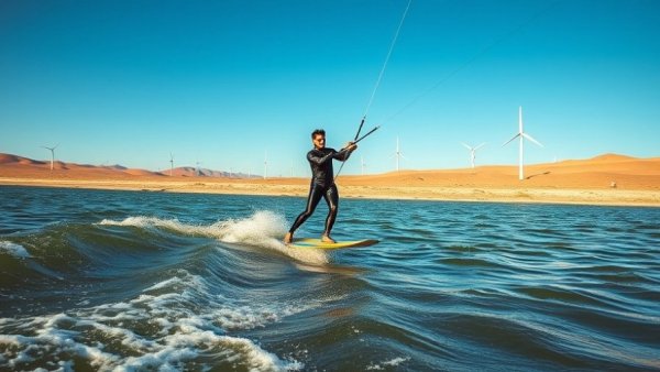 Foil surfer on a lake with wind turbines in a high desert climate.