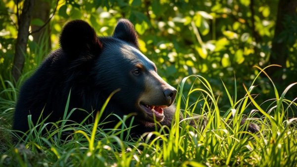 Black bear encounters in grassy wilderness, sunlight filtering.