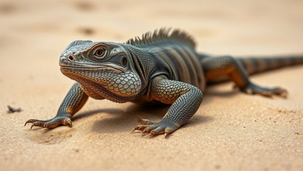 Marine iguana on sand, showcasing survival in its habitat.