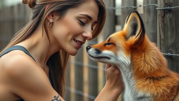 The unspoken bond between a woman and a fox, nose to nose.