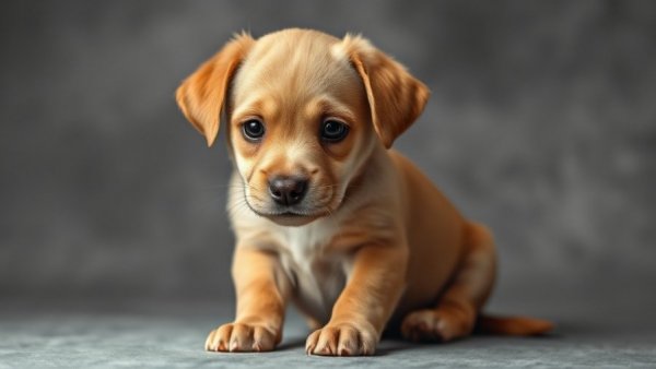 Cute tan puppy at pet adoption event with blue harness.