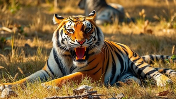 Bengal tiger relaxing on dry grass with open mouth.
