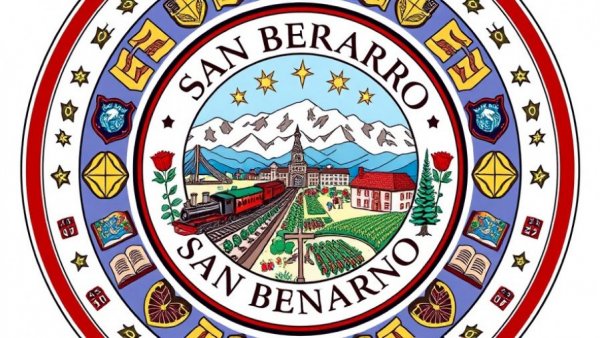 San Bernardino city seal with charter amendments, vibrant illustration