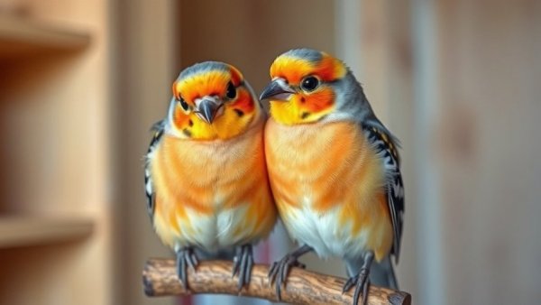 Colorful zebra finches perched, decoding birdsong, soft lighting.