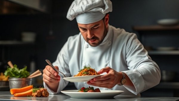 Focused chef plating dish, symbolizing care and precision