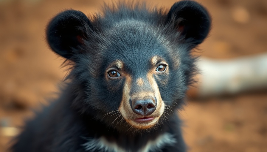 Close-up of a rescued bear cub with fluffy black fur.