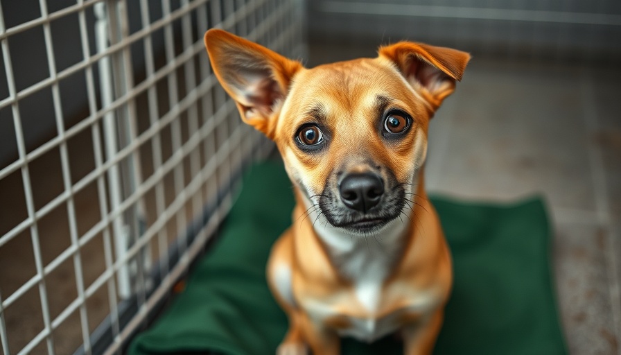 Small rescue dog in kennel at an animal services facility.