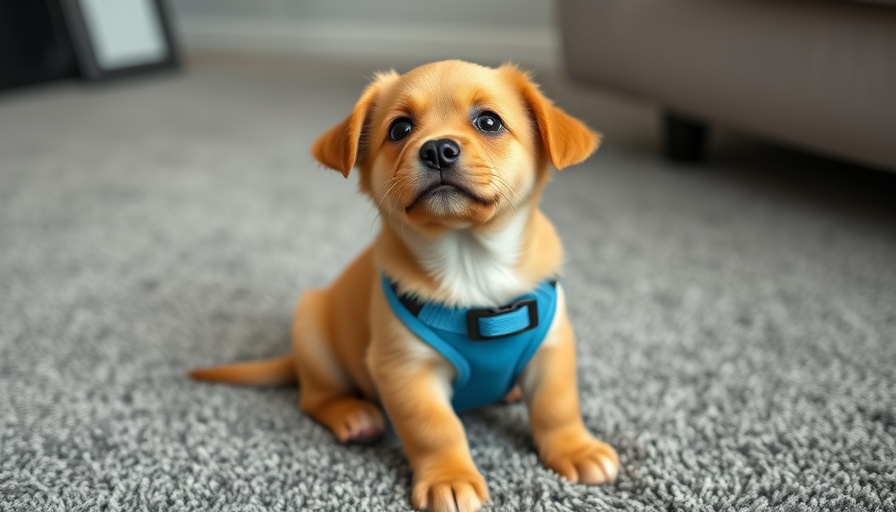 Adorable young puppy for pet adoption sitting on carpet.