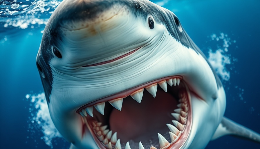 Great white shark with open jaw in ocean, highlighting illegal shark product trade concerns.