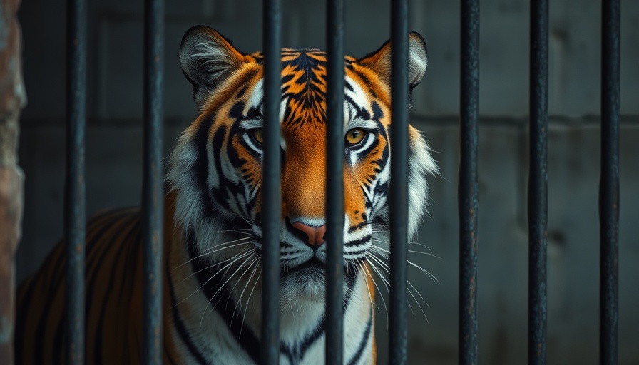 Captive Bengal tiger behind bars highlighting wildlife trafficking.