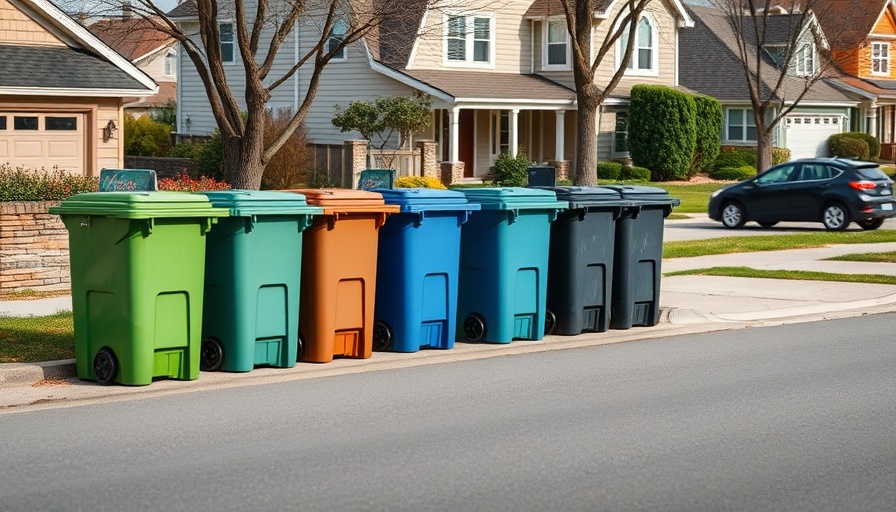Orderly trash bins on curb, suburban San Bernardino.