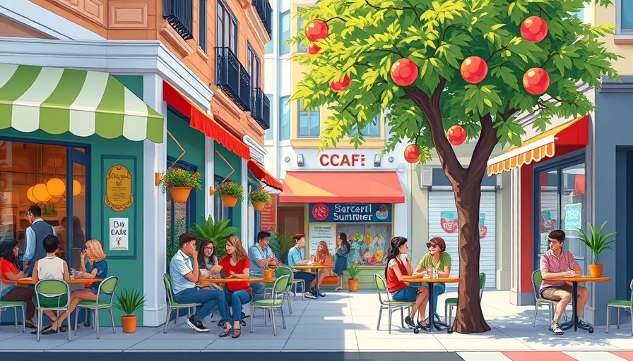 Colorful cartoon city cafe scene depicting where to eat in August.